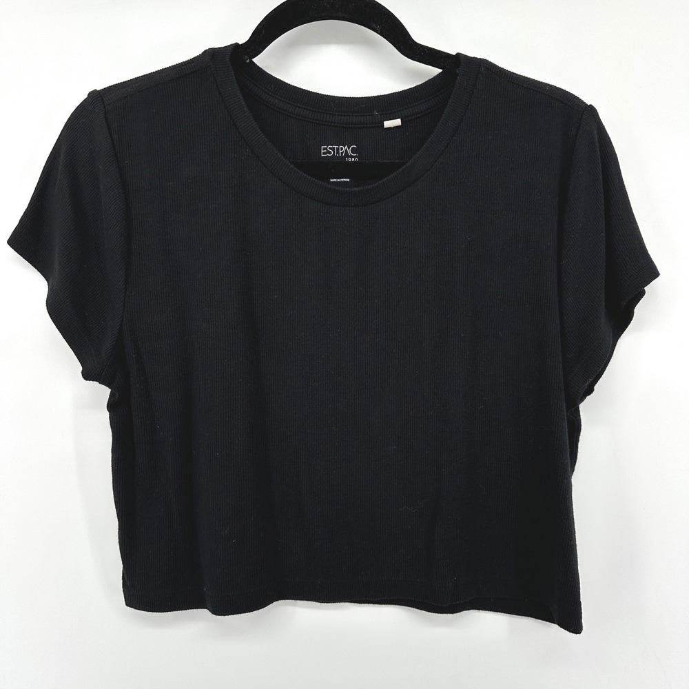 EST.PAC. 1980 Kids Black Ribbed Short Sleeve Crop Top XL Modal Blend Crew Neck